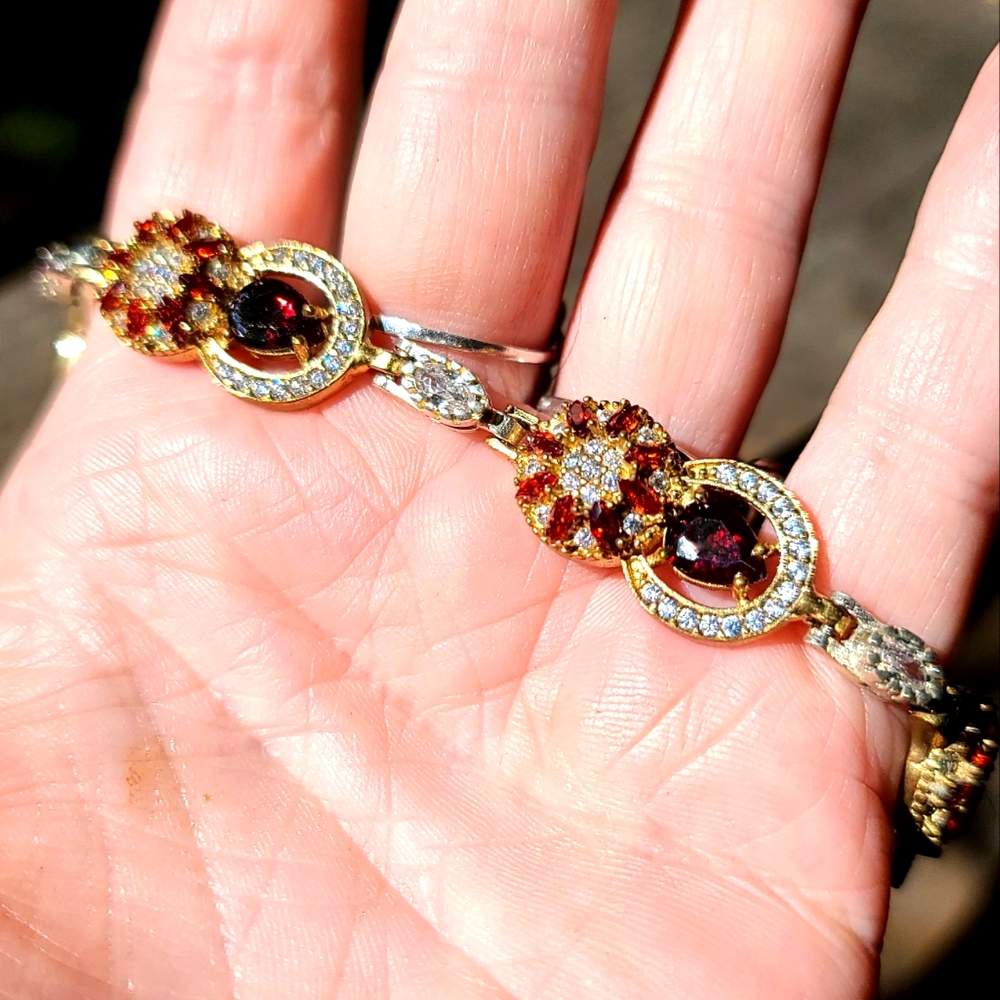 STUNNING ruby, garnet & white Topaz sterling & gold bracelet - Picture 1 of 9